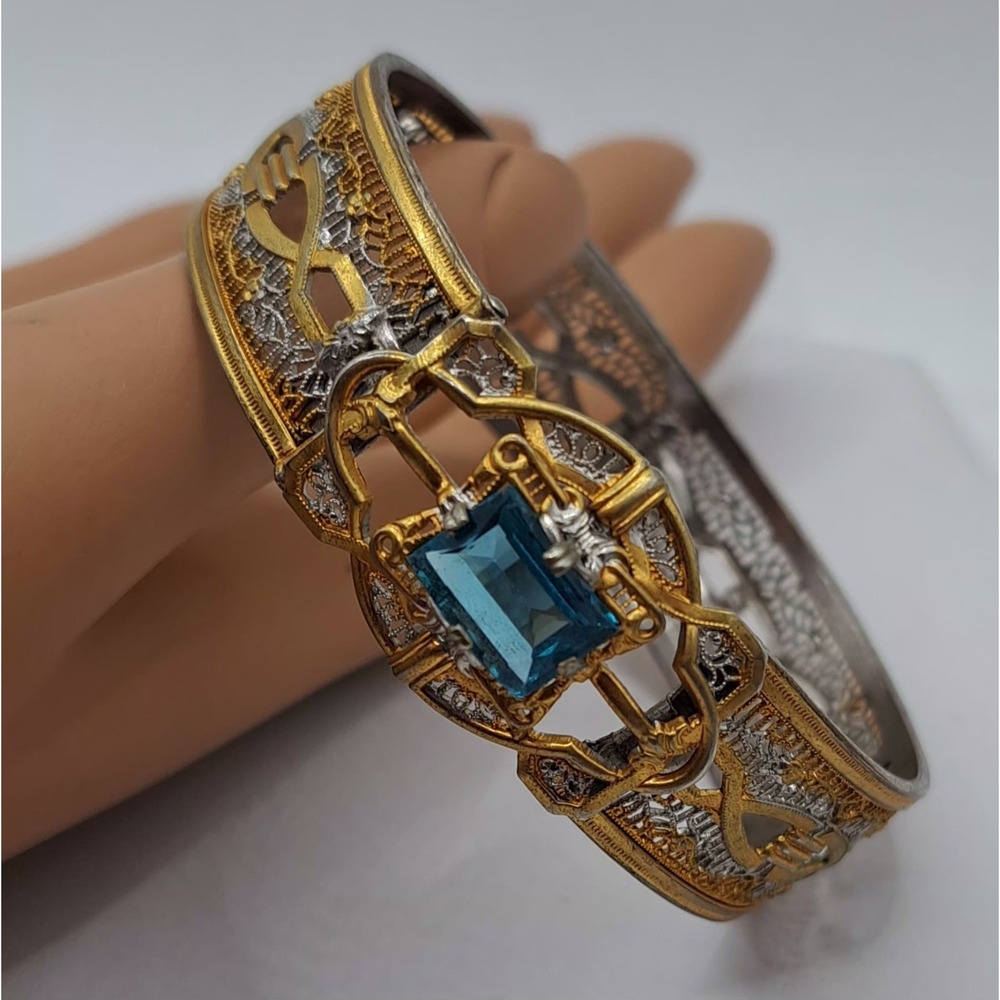 Vintage 1930s Art Deco JJ White Filigree Bracelet Blue Stone Signed Pat. 1933576